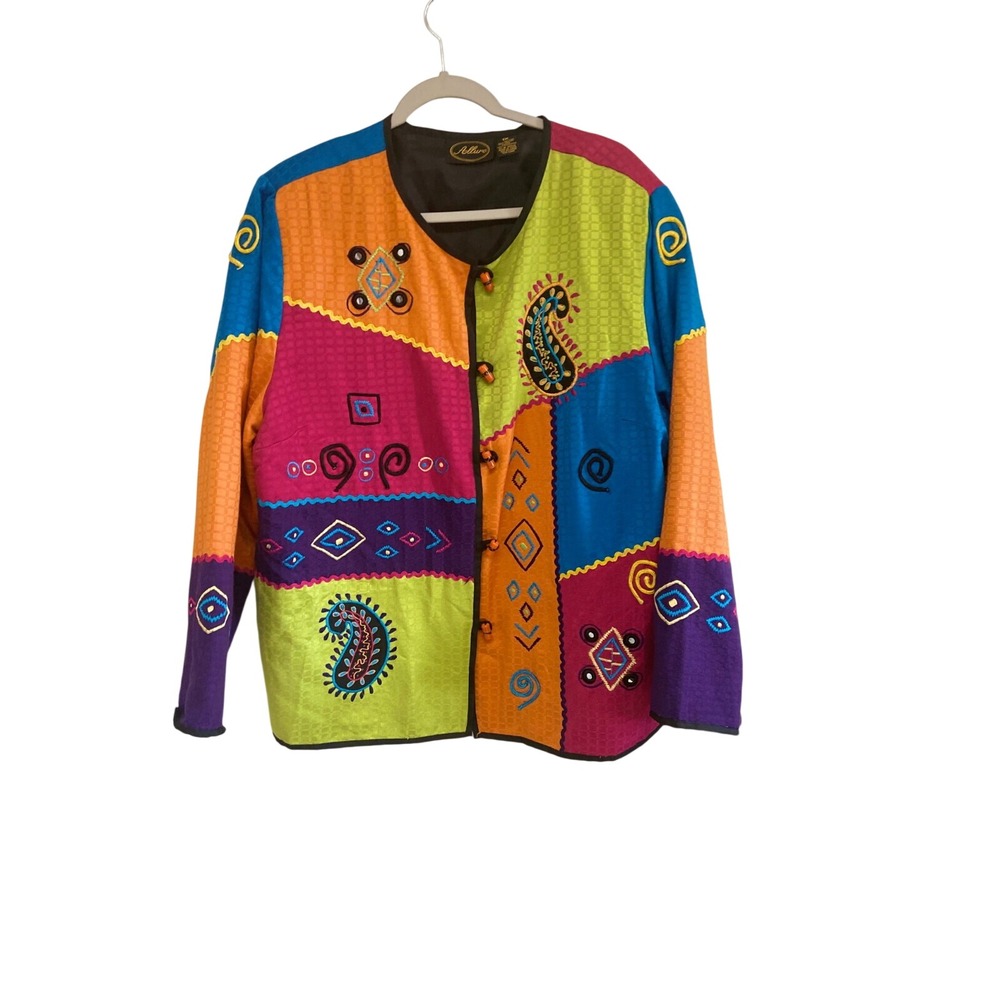 Allure Vintage Women 1X Patchwork Embroidered Toggle Jacket Art to Wear Boho 80s